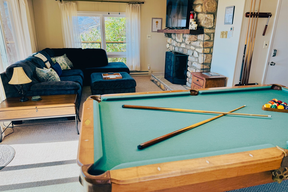 Game Room Fun with amazing views! We have a large sectional sofa/sofa bed, 55" Roku smart TV, gas fireplace, pool table with ping pong inserts, game table, books, games, puzzles, etc.