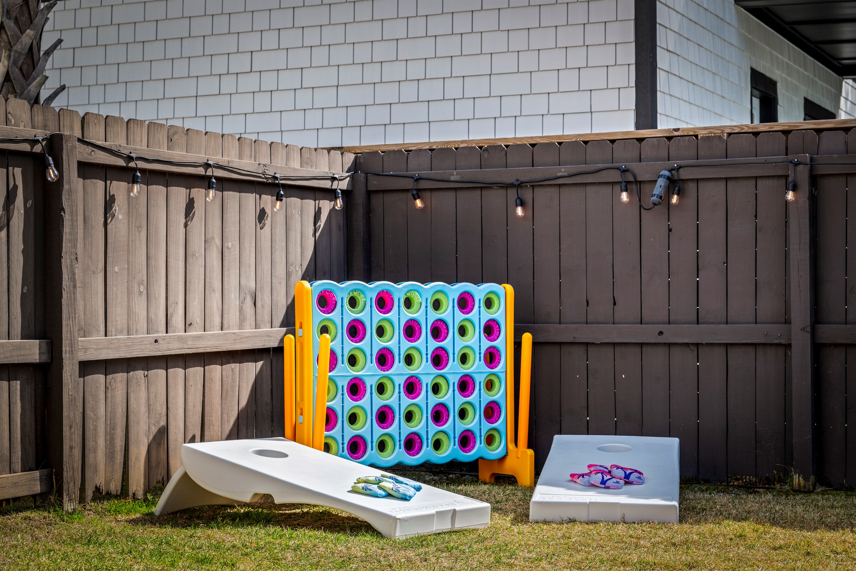 Vacation fun for everyone. Giant games, yard activities, and space for kids to play while the adults relax poolside.