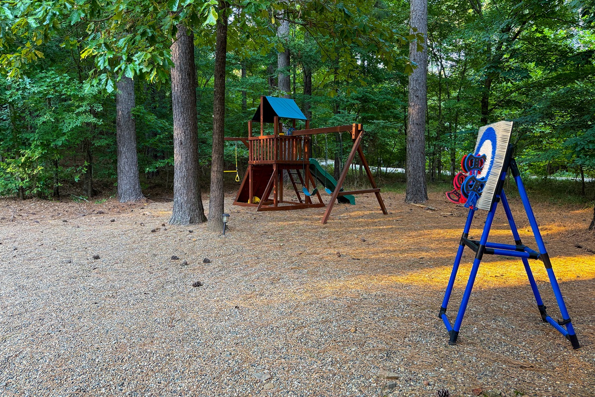 A kid-approved playset and axe target game for backyard fun.