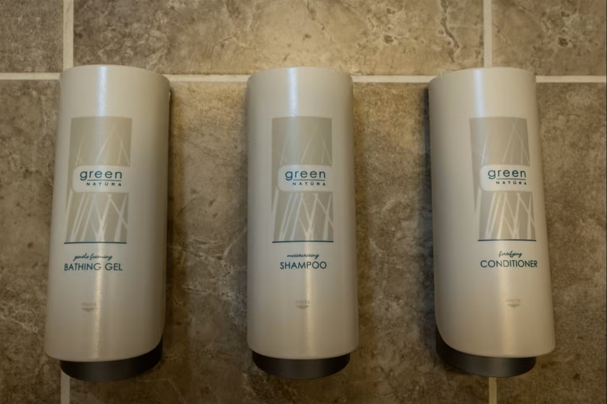 shampoo, body wash and conditioner located in each full bath