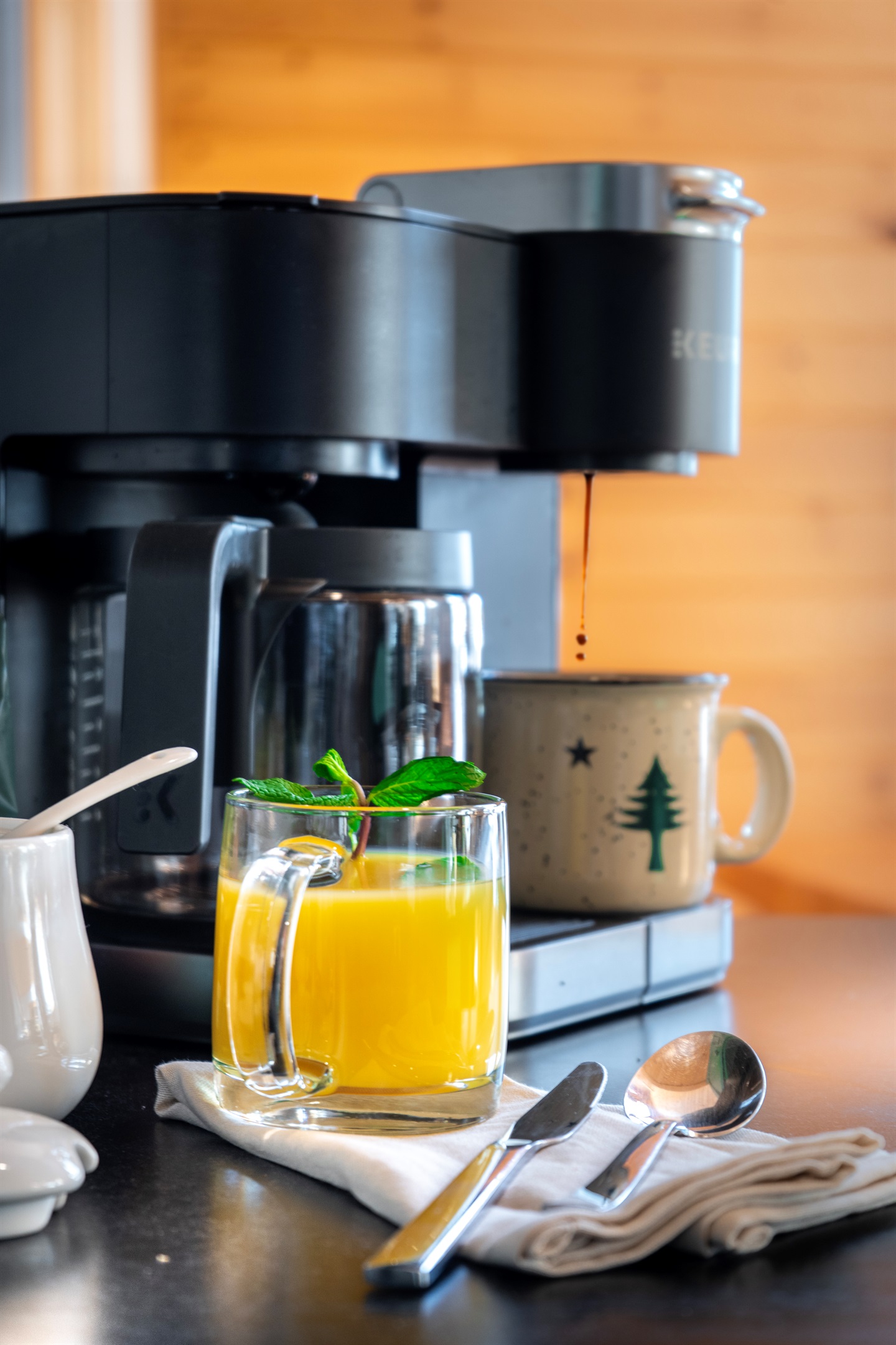 Enjoy a fresh cup of coffee and your favorite juice anytime.