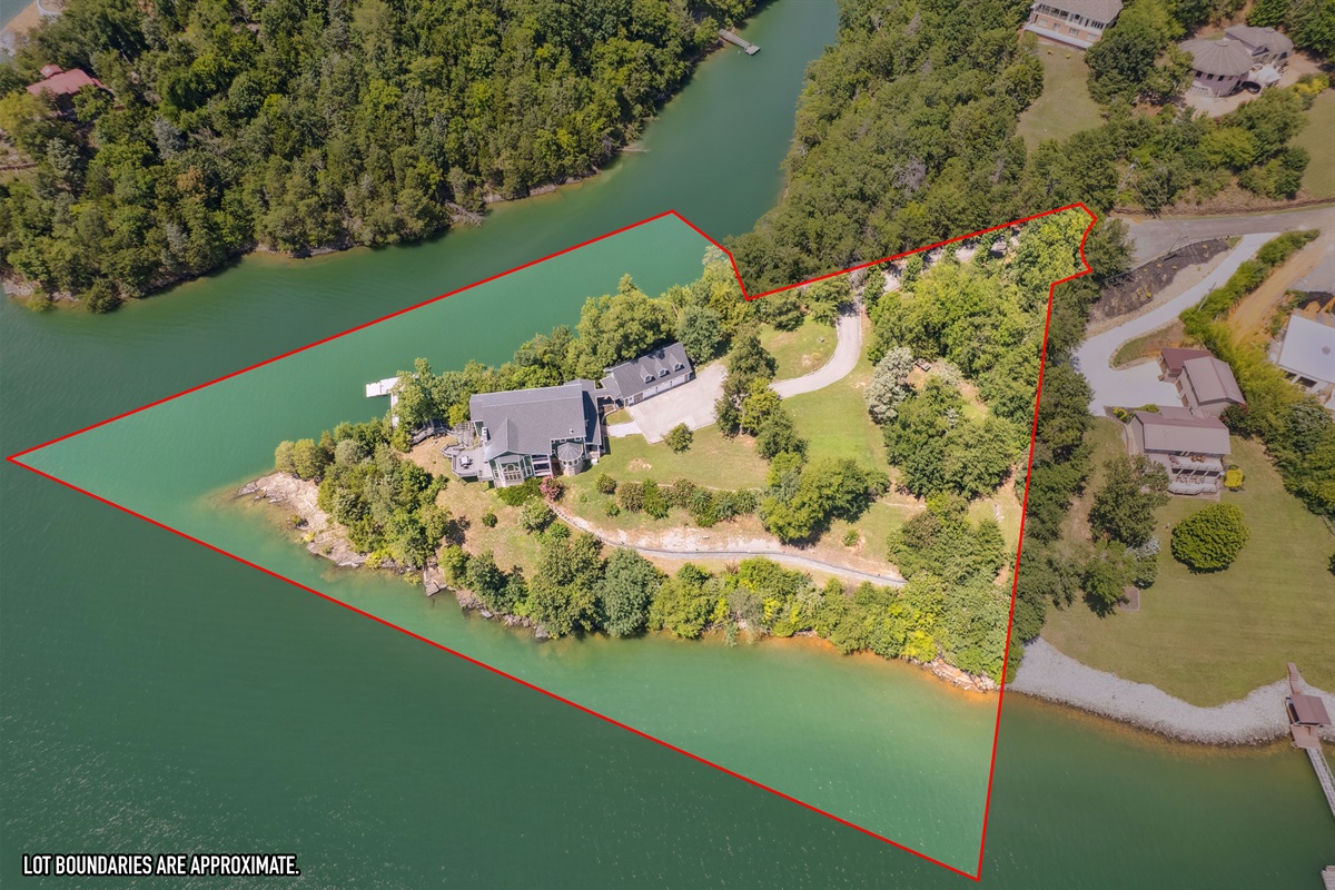 Home on a Peninsula with water on 3 sides (lot lines shown)