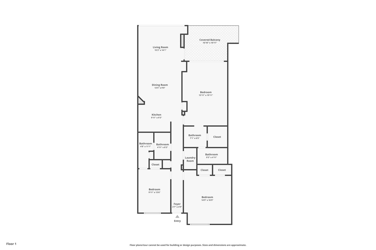 Floor plan layout showing the covered balcony and laundry room