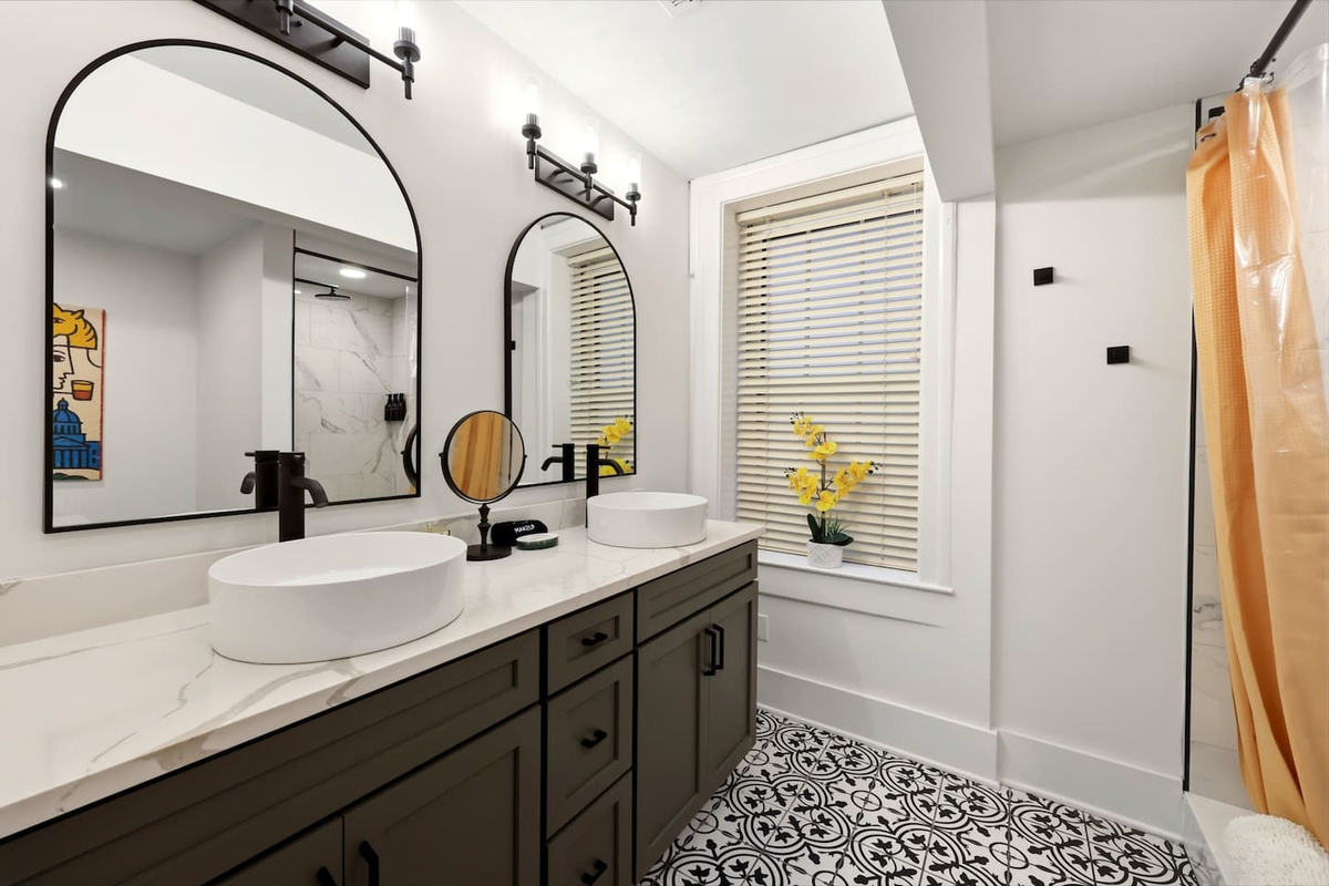 Newly remodeled bathroom with double vanity.