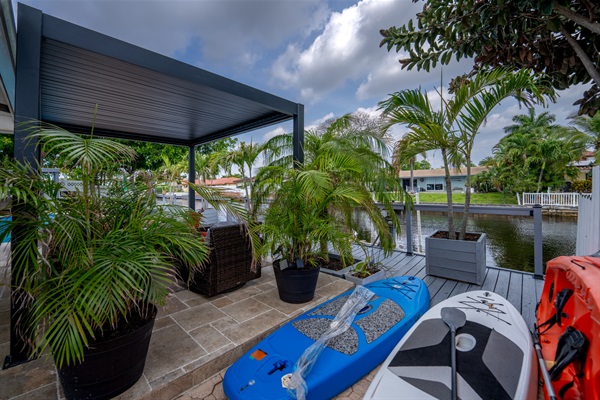 Private dock with kayaks & paddleboards on the waterfront