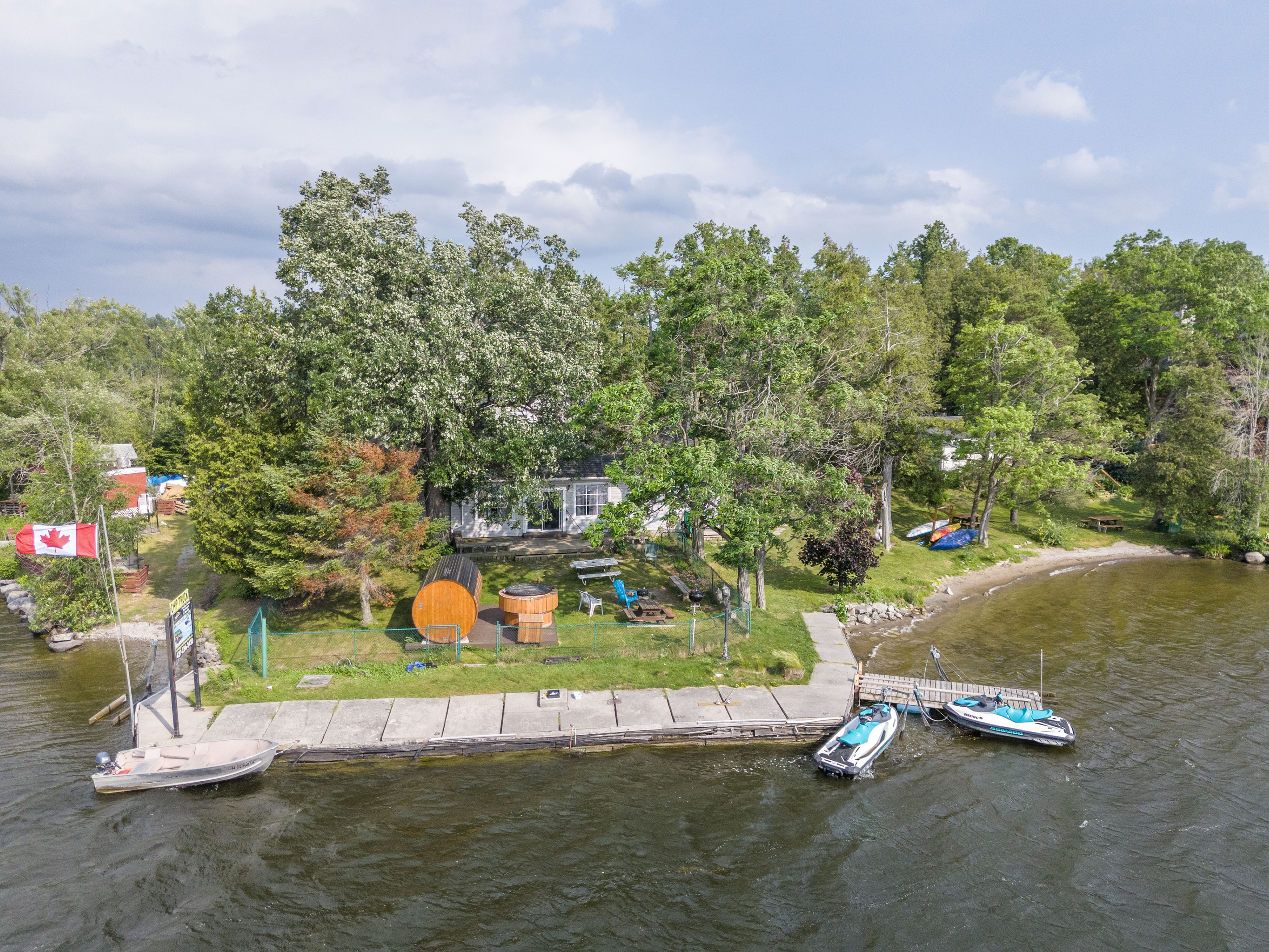 Aerial view of the resort grounds, docks and shoreline