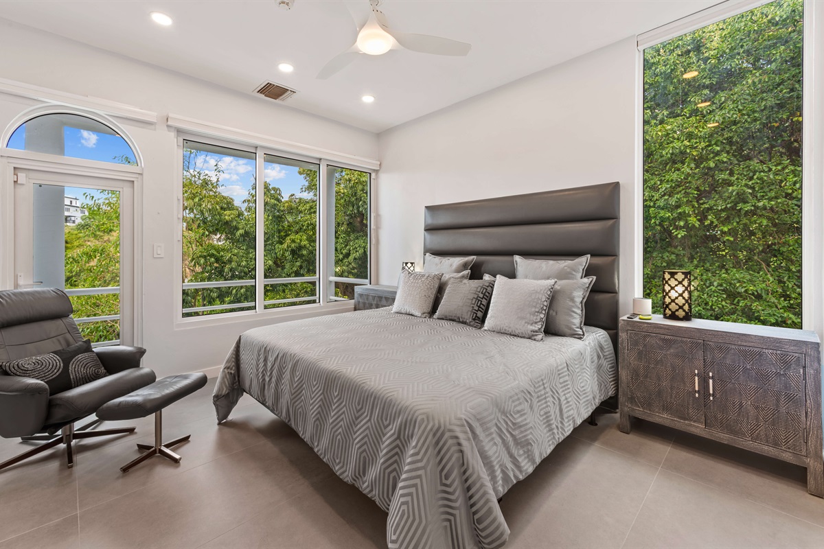 The second guest room on this floor has a king bed, ceiling fan and TV