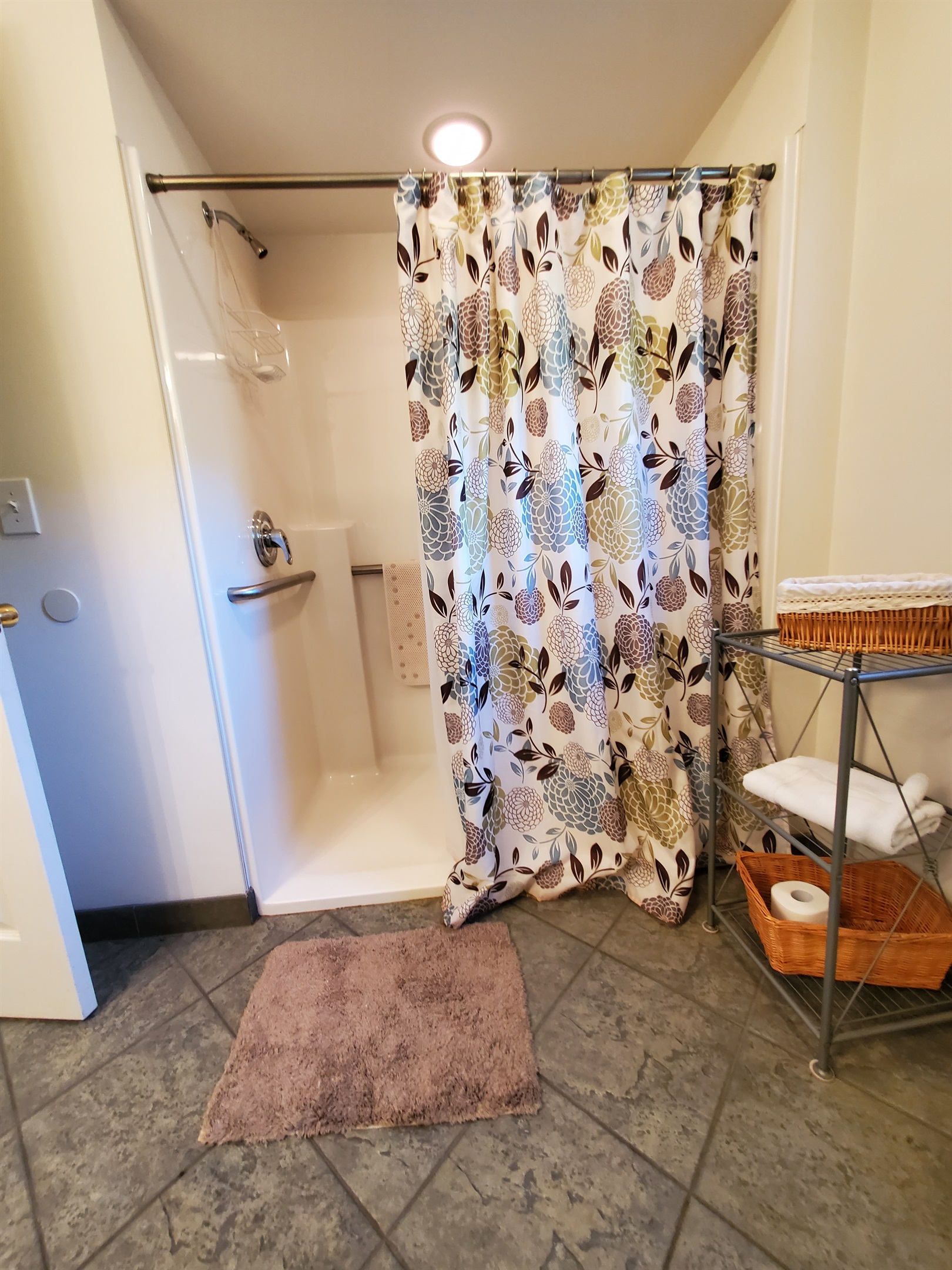 Handicap accessible bathroom, with wide roll in shower.