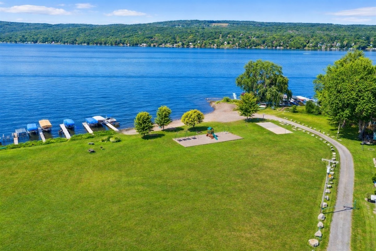 Aerial shot of the lush green park by the lake, offering a perfect spot for picnics and play. ️