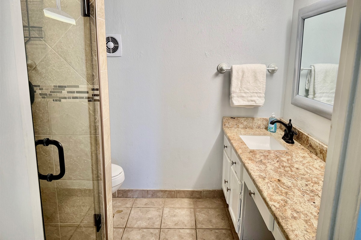 You enter the guest bathroom from the hallway, across from the guest bedroom.