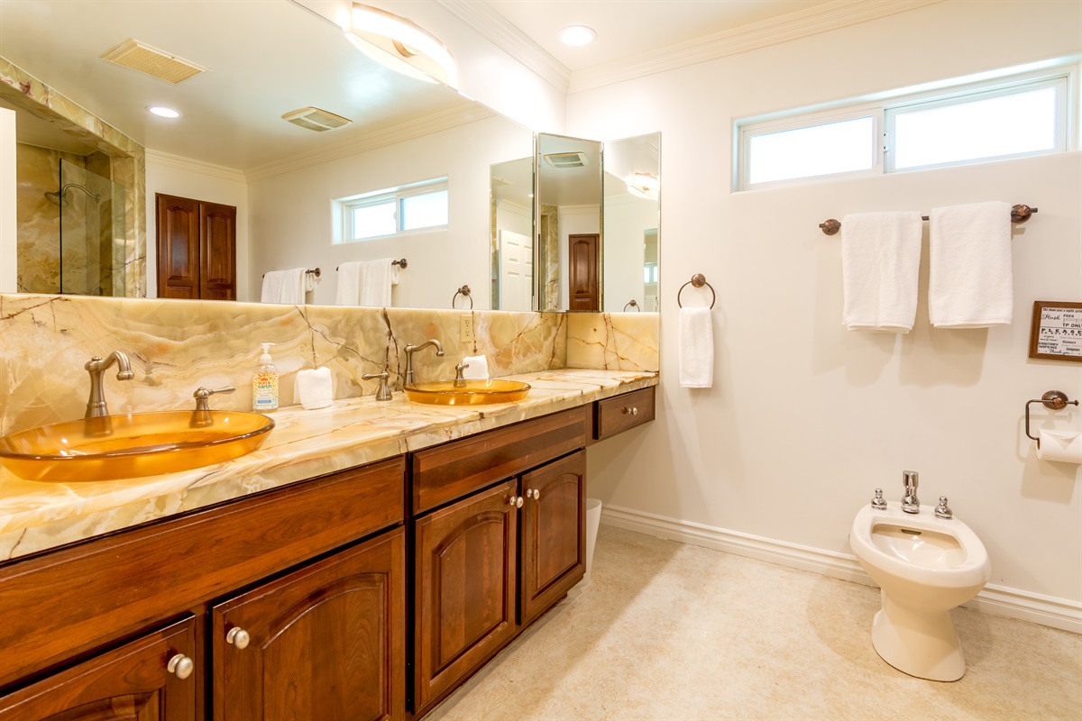 Double vanity with onyx countertops and amber sinks