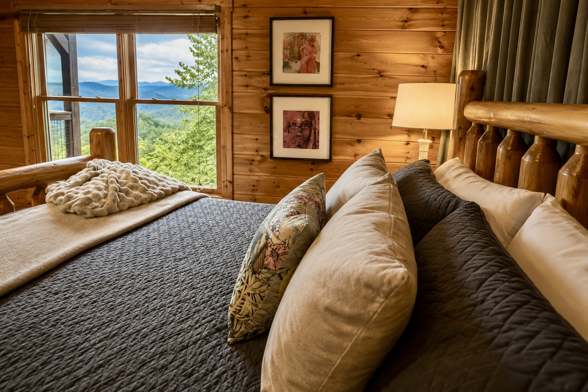 Wake up to stunning views of Mt. Leconte and Dolly Parton vibes in the main level king suite.
