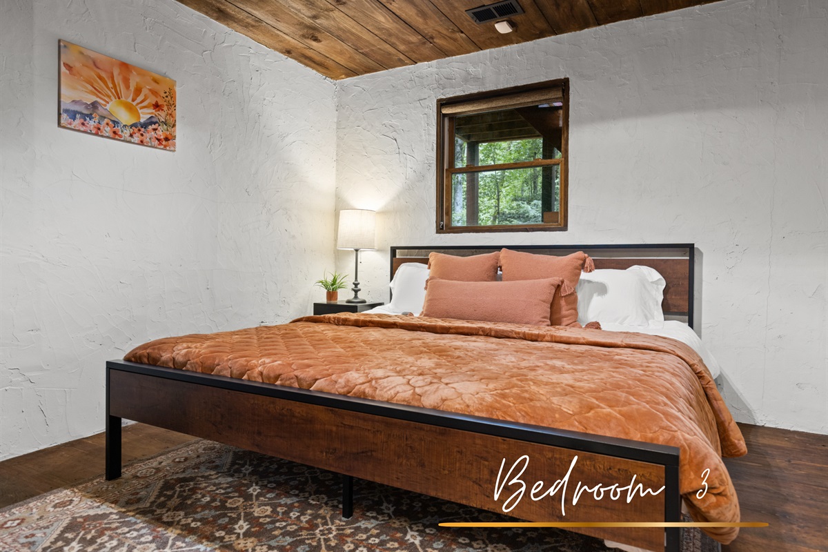 Soaring wood ceilings and soft neutrals for dreamy sleep. (King size bed)