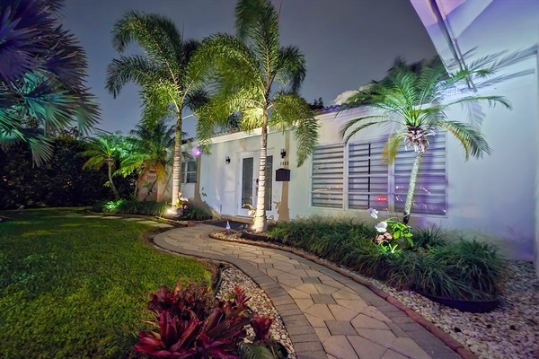 Beautifully lit tropical landscaping for a luxury evening ambiance