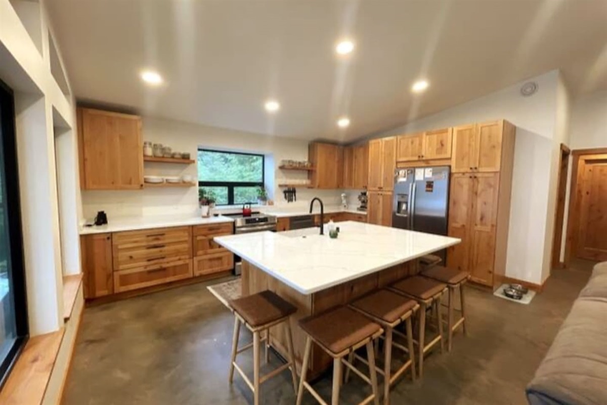 There's seating for six around the kitchen island.