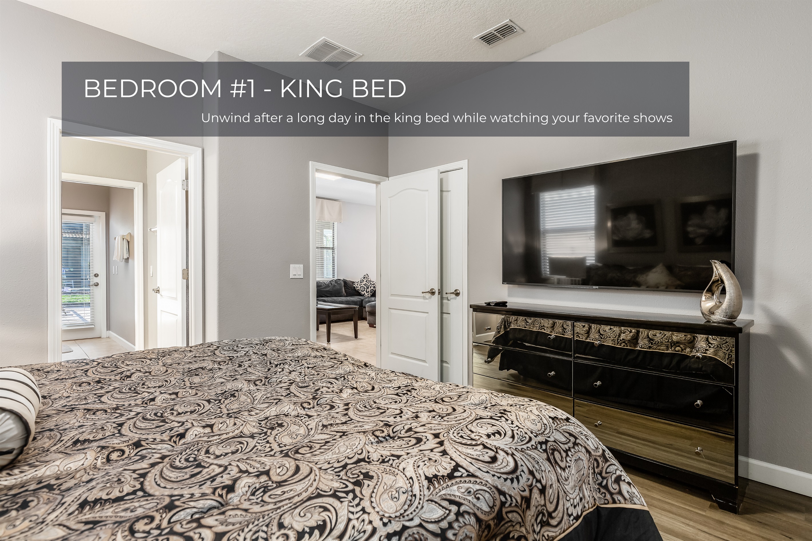 Spacious king bed with soft linens and a peaceful vibe—your perfect bedroom retreat