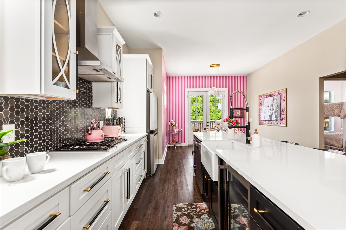 Spacious, stocked kitchen + island + bar.