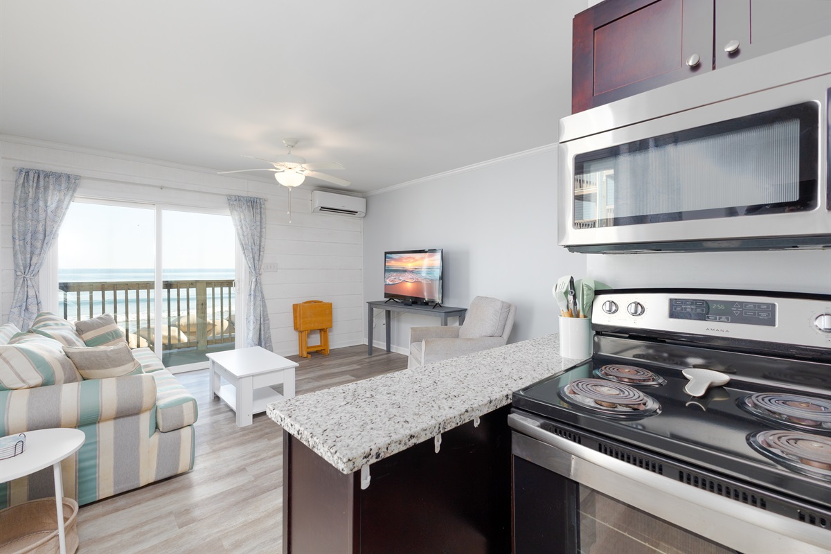 View of the living room from the kitchen area