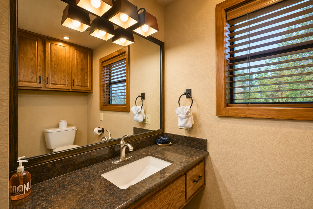 A wide vanity and extra counter space make getting ready a little easier, especially when everyone is preparing for a day of exploring together.