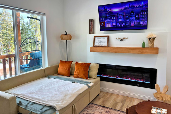 Cozy up by the fire — our sofa unfolds into a full-size bed with forest views