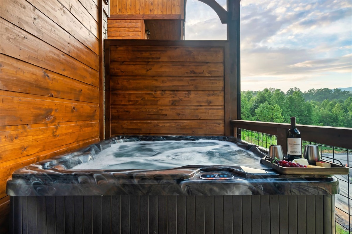 Hot tub with privacy fence and fantastic view!