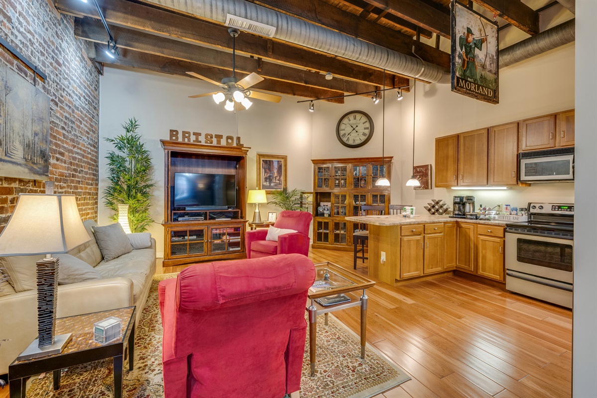 The photo shows the living room, complete with a TV area equipped with Fire TV and Netflix. 