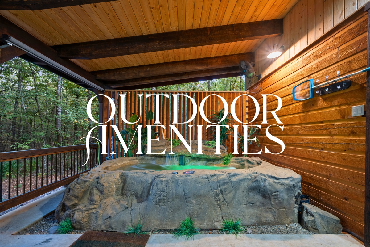 Outdoor amenities include a hot tub, grill, and lounge area.