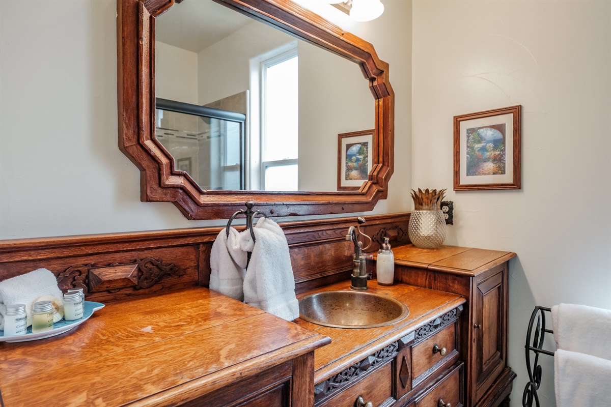 Gorgeous vintage dresser vanity in the first floor full bathroom