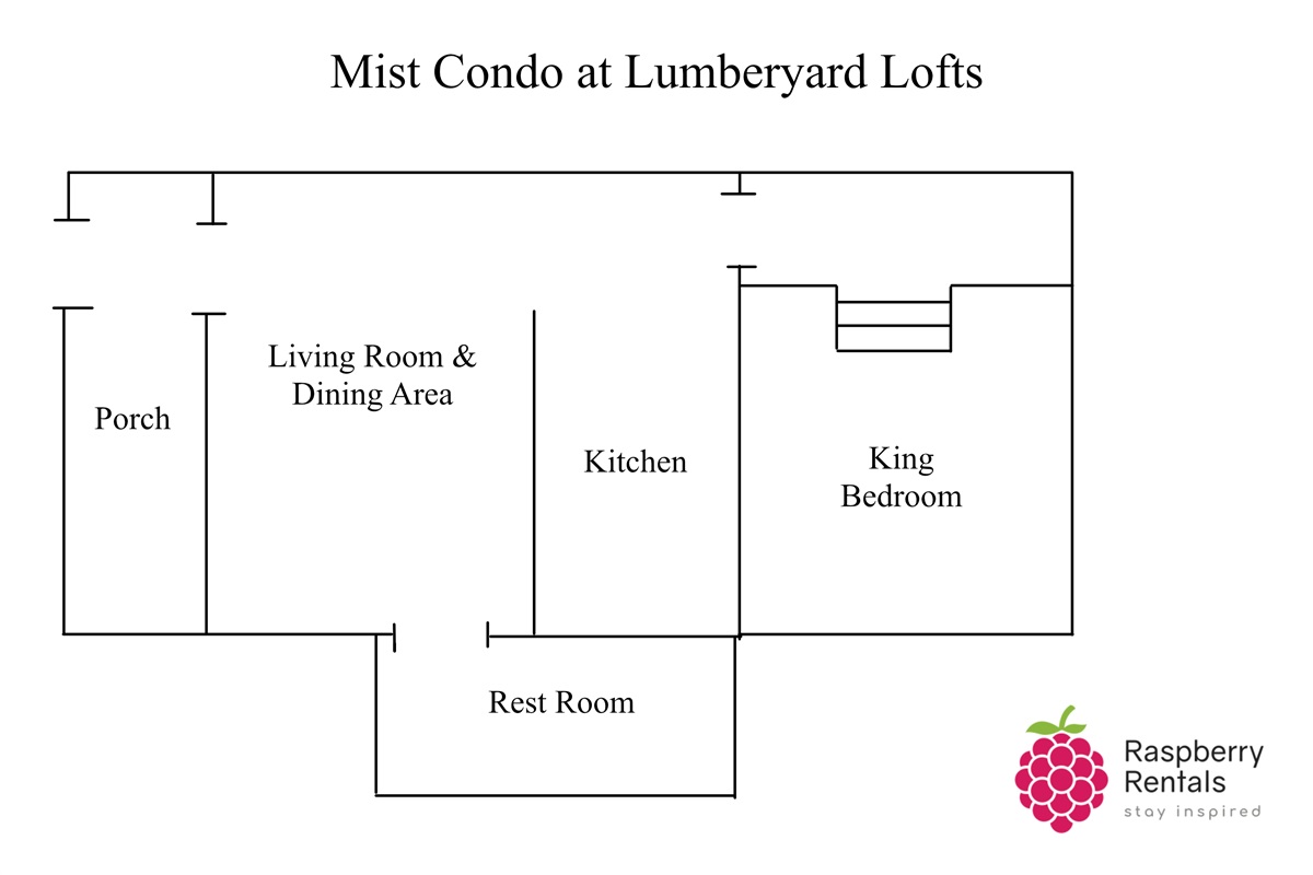 Floorplan for Mist Condo showing entrance on a front porch into the living room and dining area, with a rest room to the right, then further from the door is the kitchen, then the recessed king bedroom.