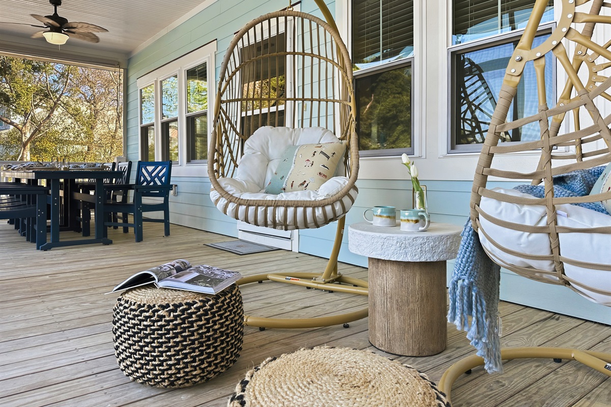 The porch also has 2 swing chairs.
