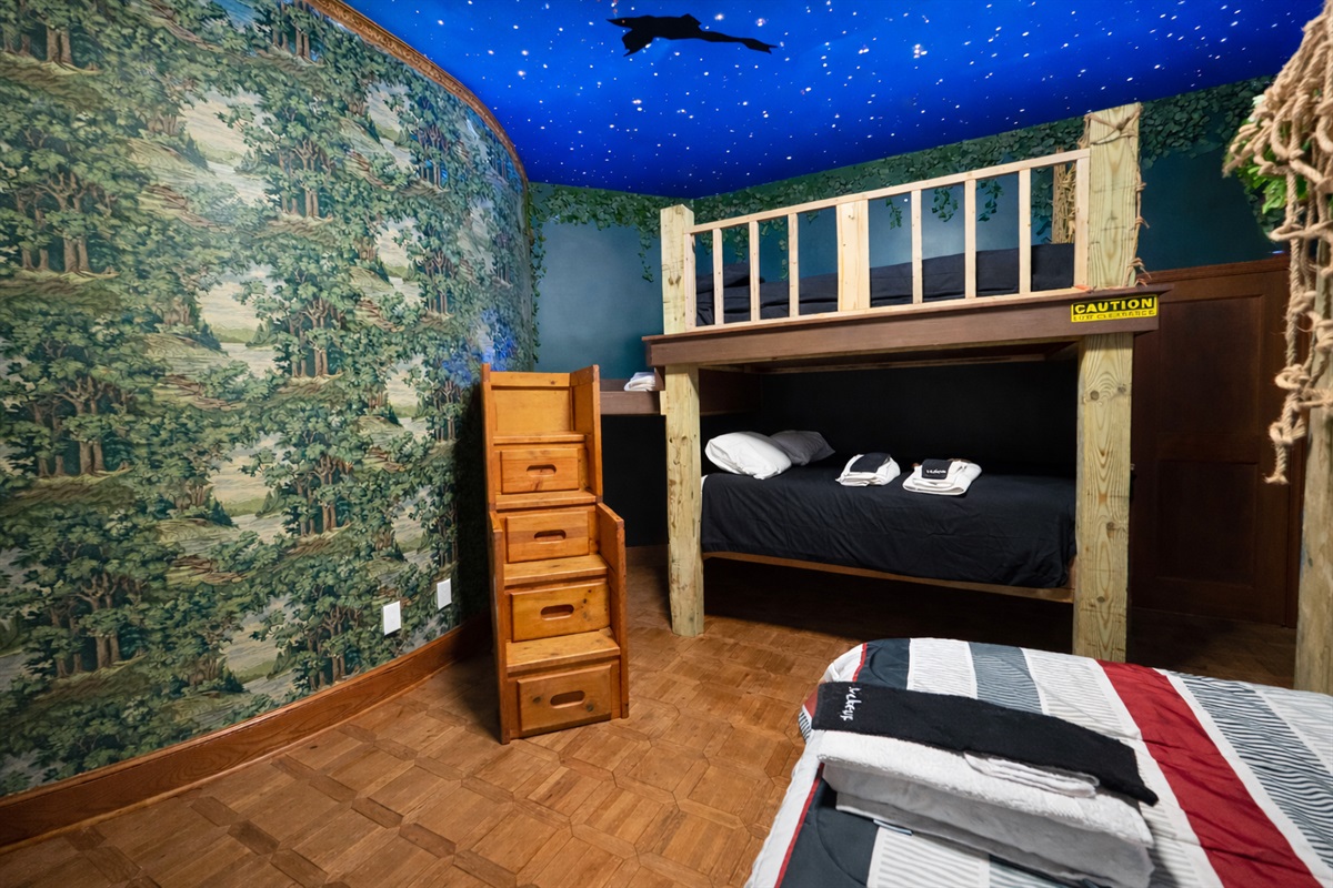 Sleep up to 10 in the Lost Boys Hideout bedroom! 
4 twin beds, 3 full beds