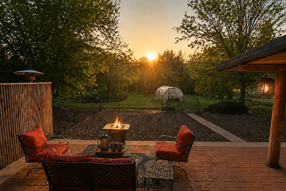 Outdoor seating - Morning Sunrise with gas firepit - bring your blanket