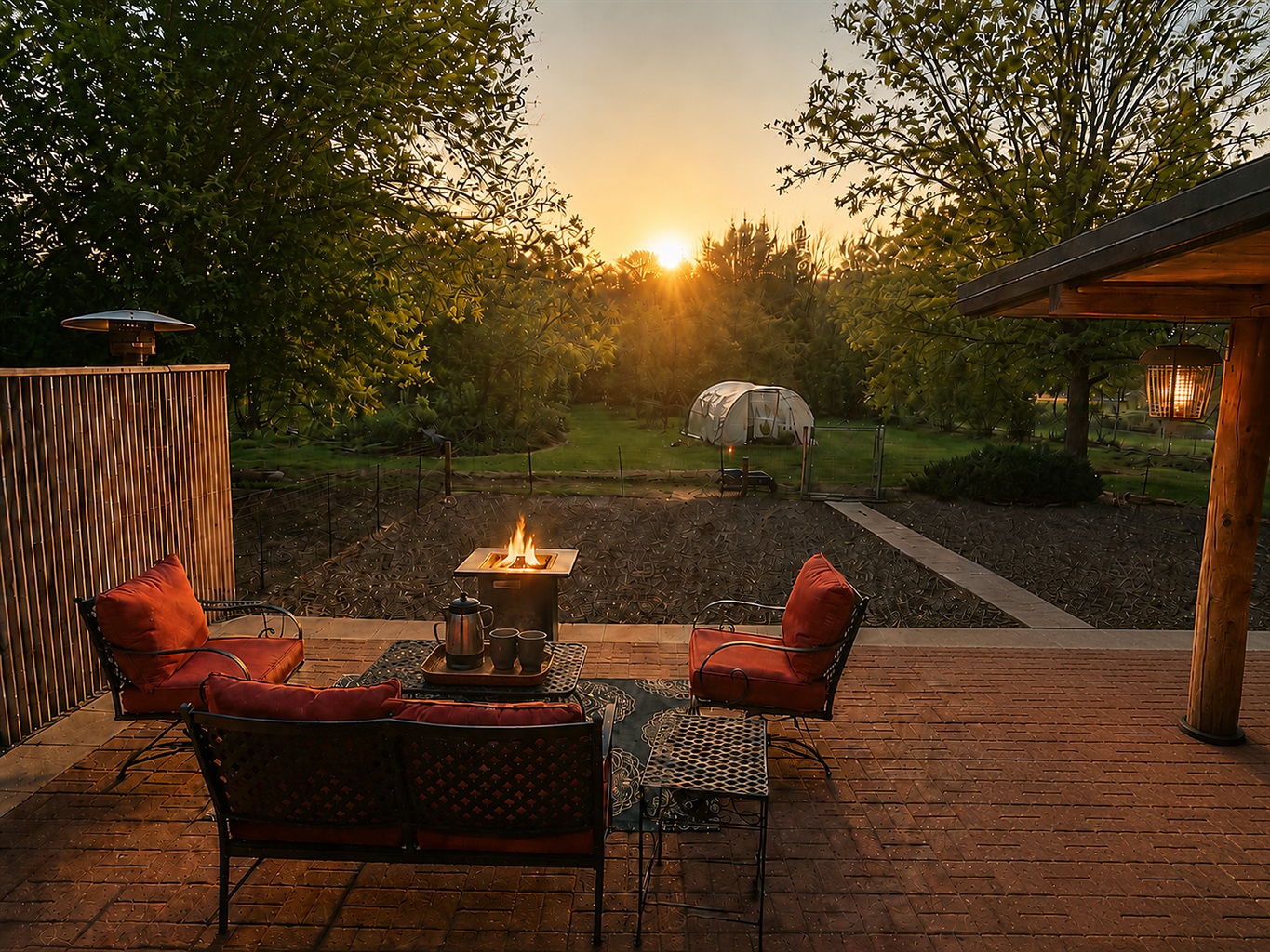 Outdoor seating - Morning Sunrise with gas firepit - bring your blanket