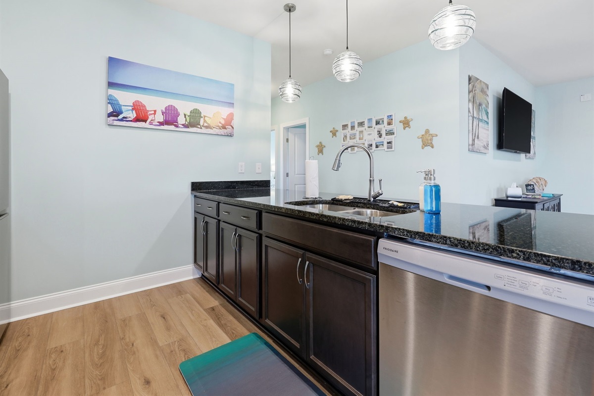 Generous counter space with bar seating for casual meals