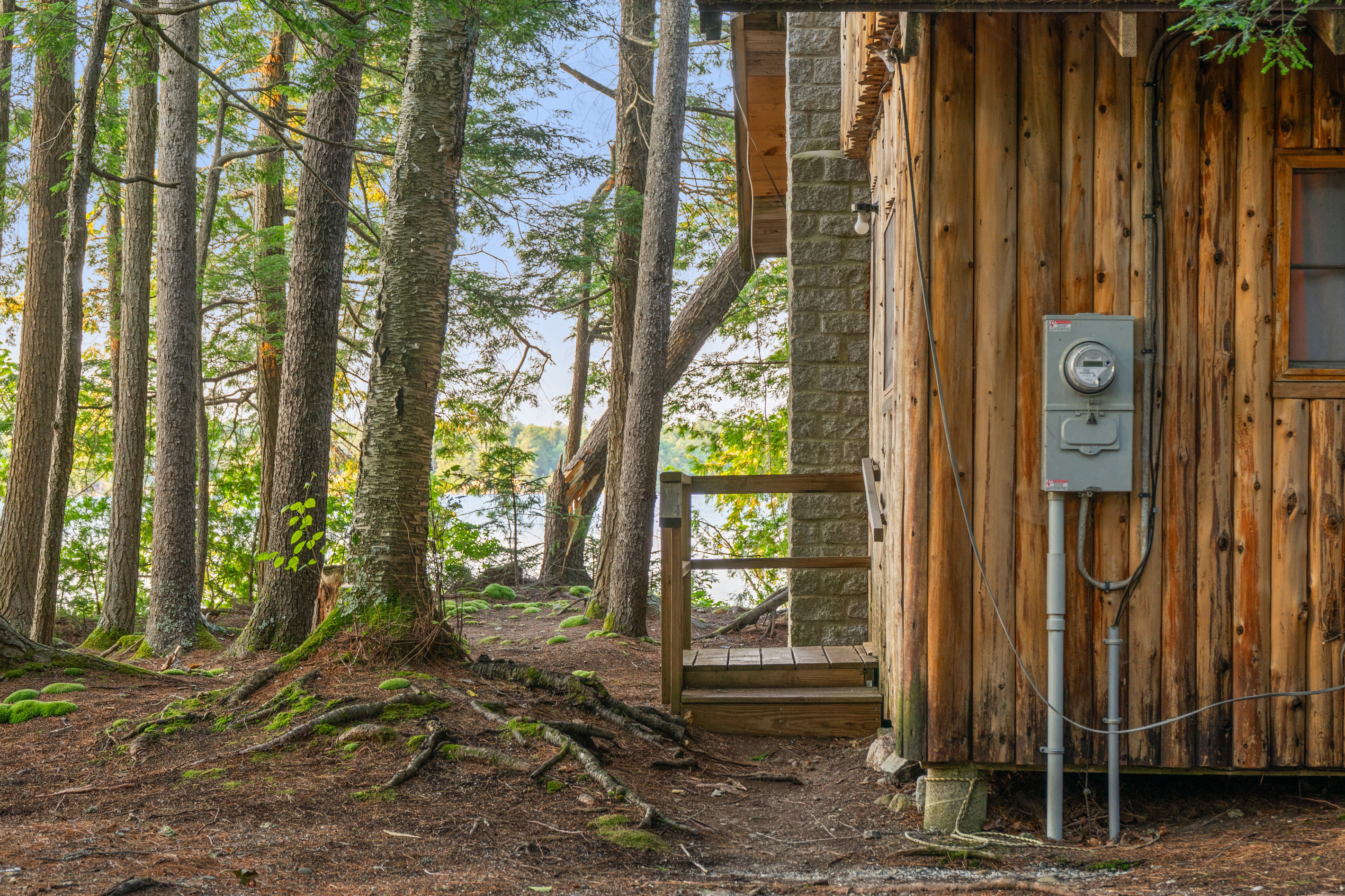 Arrival view at Loonrise Point in Otis, ME. Step onto the wooden porch stairs past original cedar siding and exposed electric utilities. A natural dirt path with roots and moss leads past the stone chimney toward Beech Hill Pond, 40 mins to Acadia.