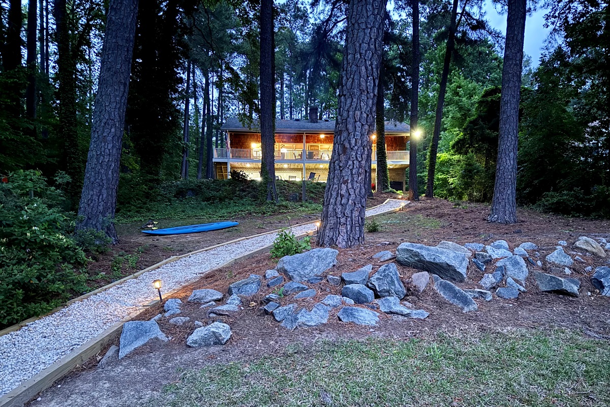 Lighted pathway from the house to the lake