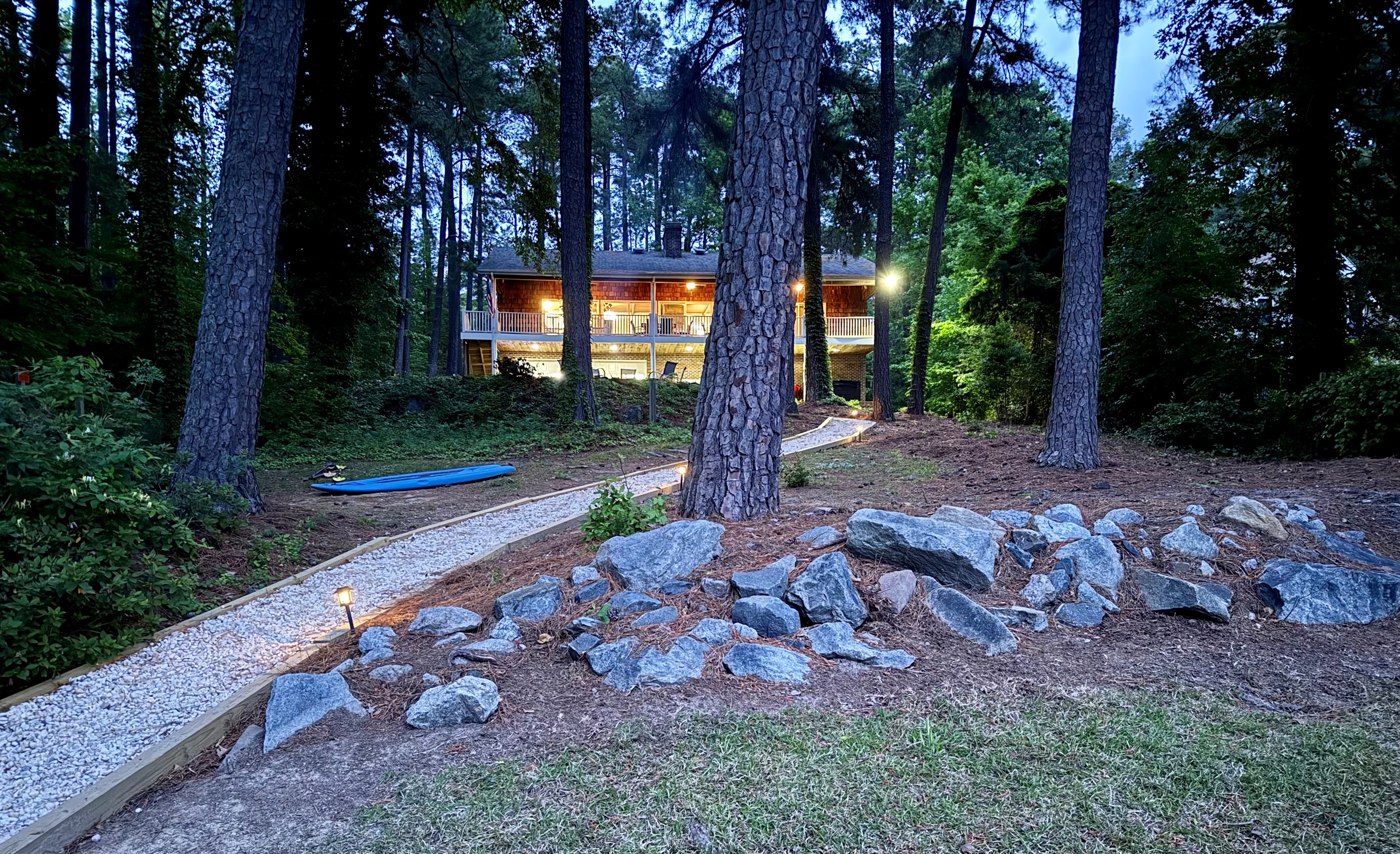 Lighted pathway from the house to the lake