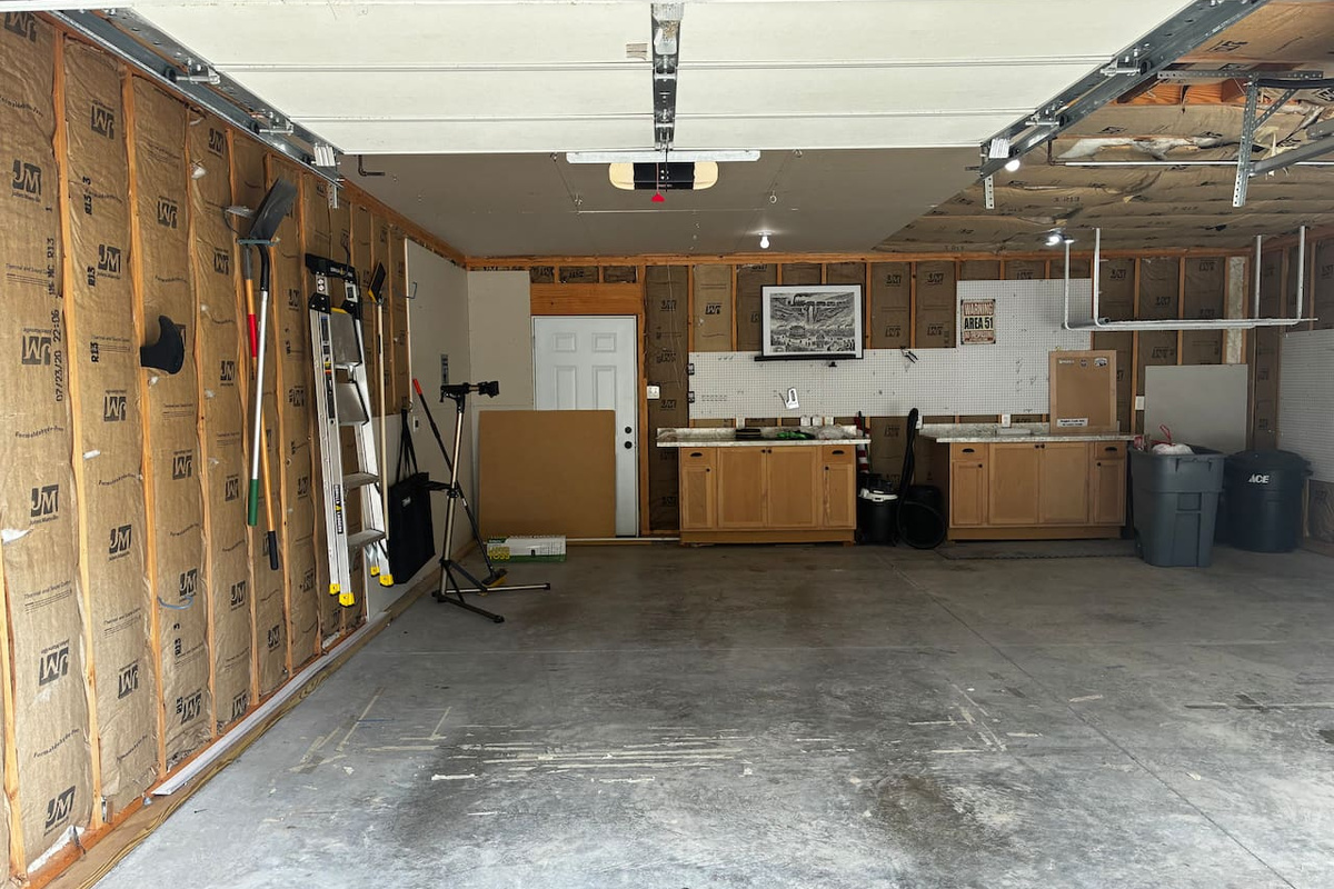 Two car garage with two work benches