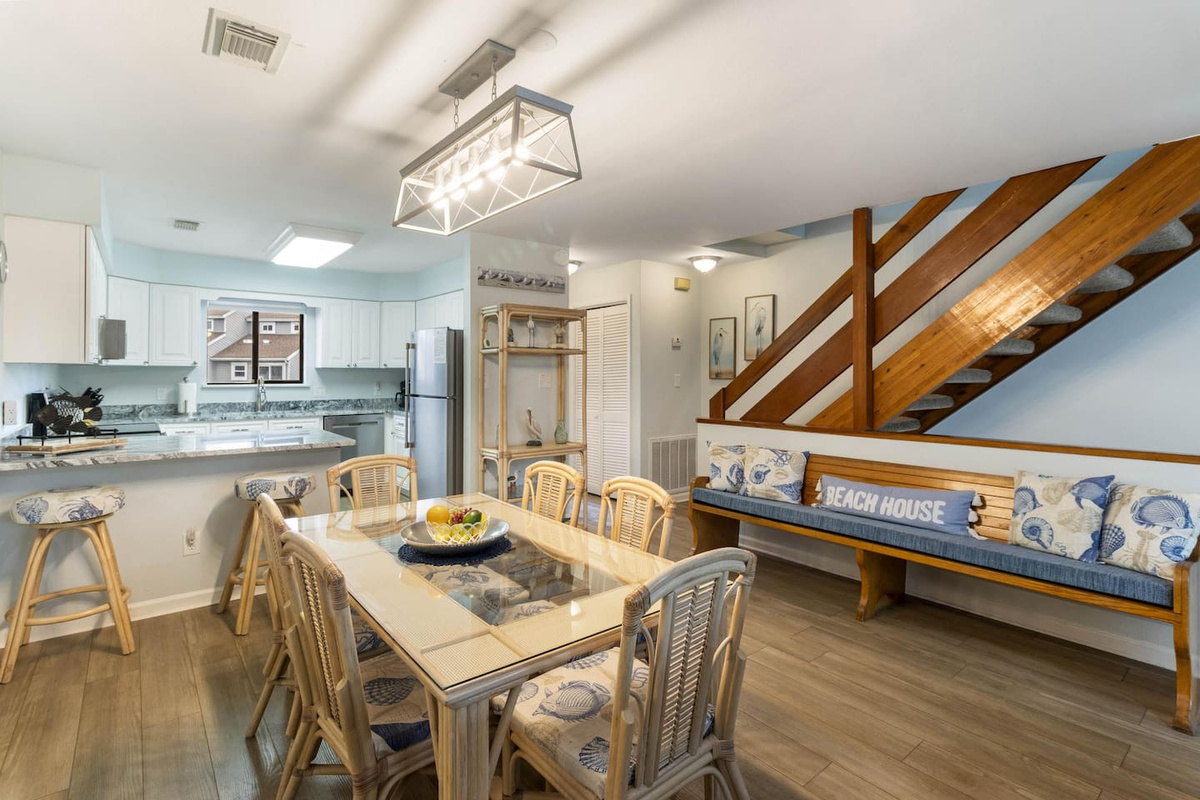 Cook together, eat together &mdash; the open kitchen and dining room are built for your whole group to gather.