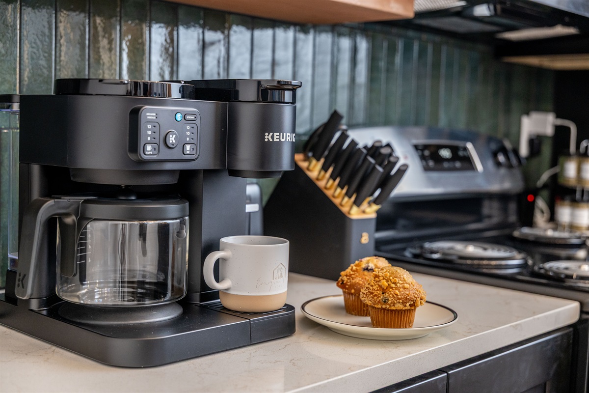 Keurig coffee maker for k-cups or a full pot! French press is available as well.