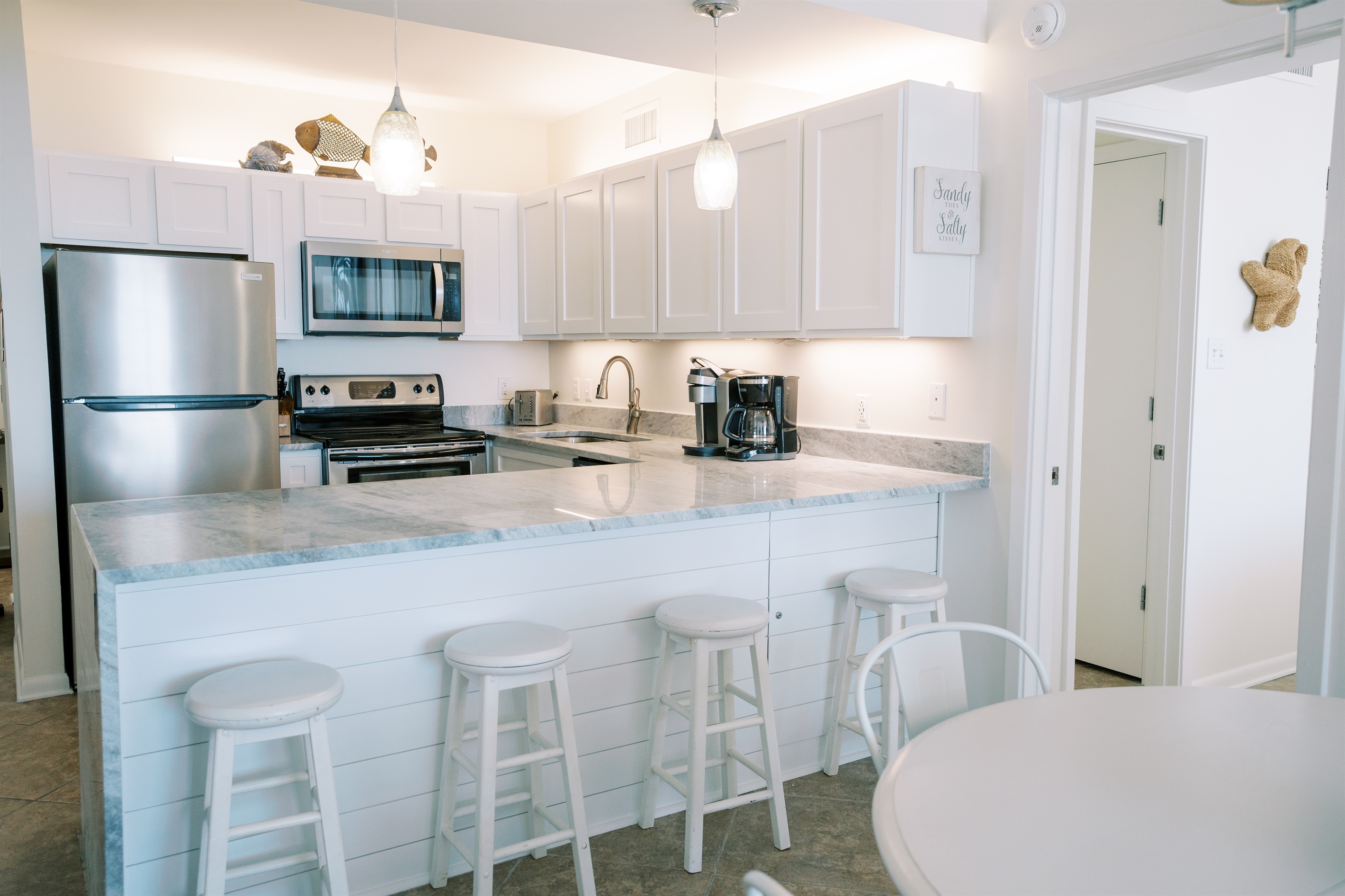 Fully stocked kitchen with everything you need for real meals, not just quick snacks. Keurig + Coffee Brewer options for you! Just BYO coffee. :)