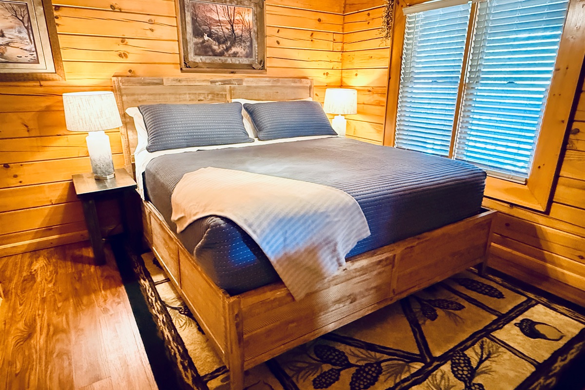 Bedroom #1 - King bed, Soaker, Fireplace, TV (main level). New king bed April 2026