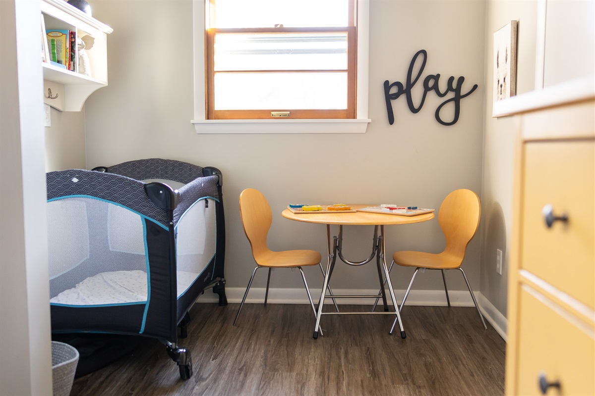 Dedicated play space and pack n play for your little ones