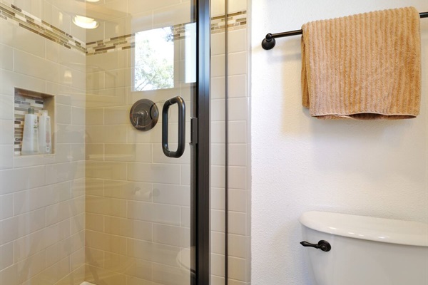 Modern shower w/ black fixtures & clean tile