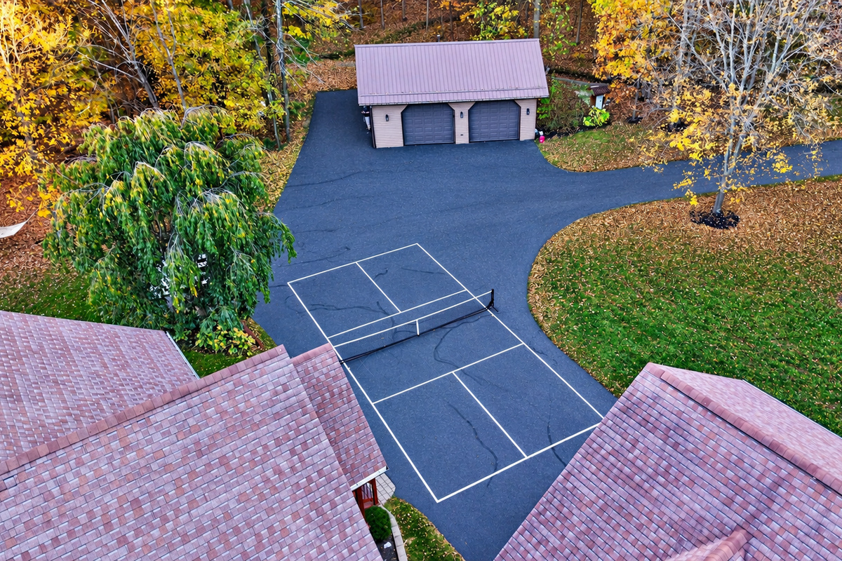 Tennis court and detached garage from above