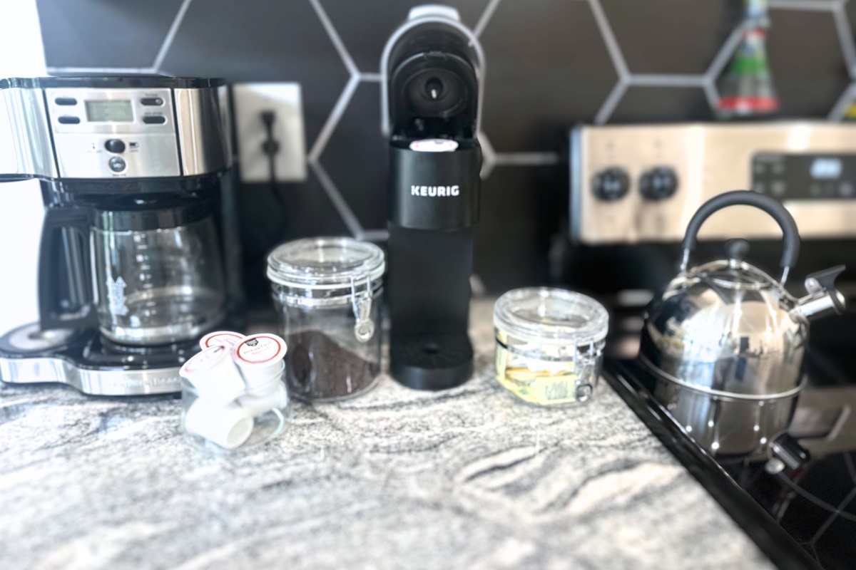 Need a cup of coffee or hot tea before heading out? We've got you! Drip coffee, Keurig, and a tea kettle. We have coffee, pods and tea bags ready for you. 