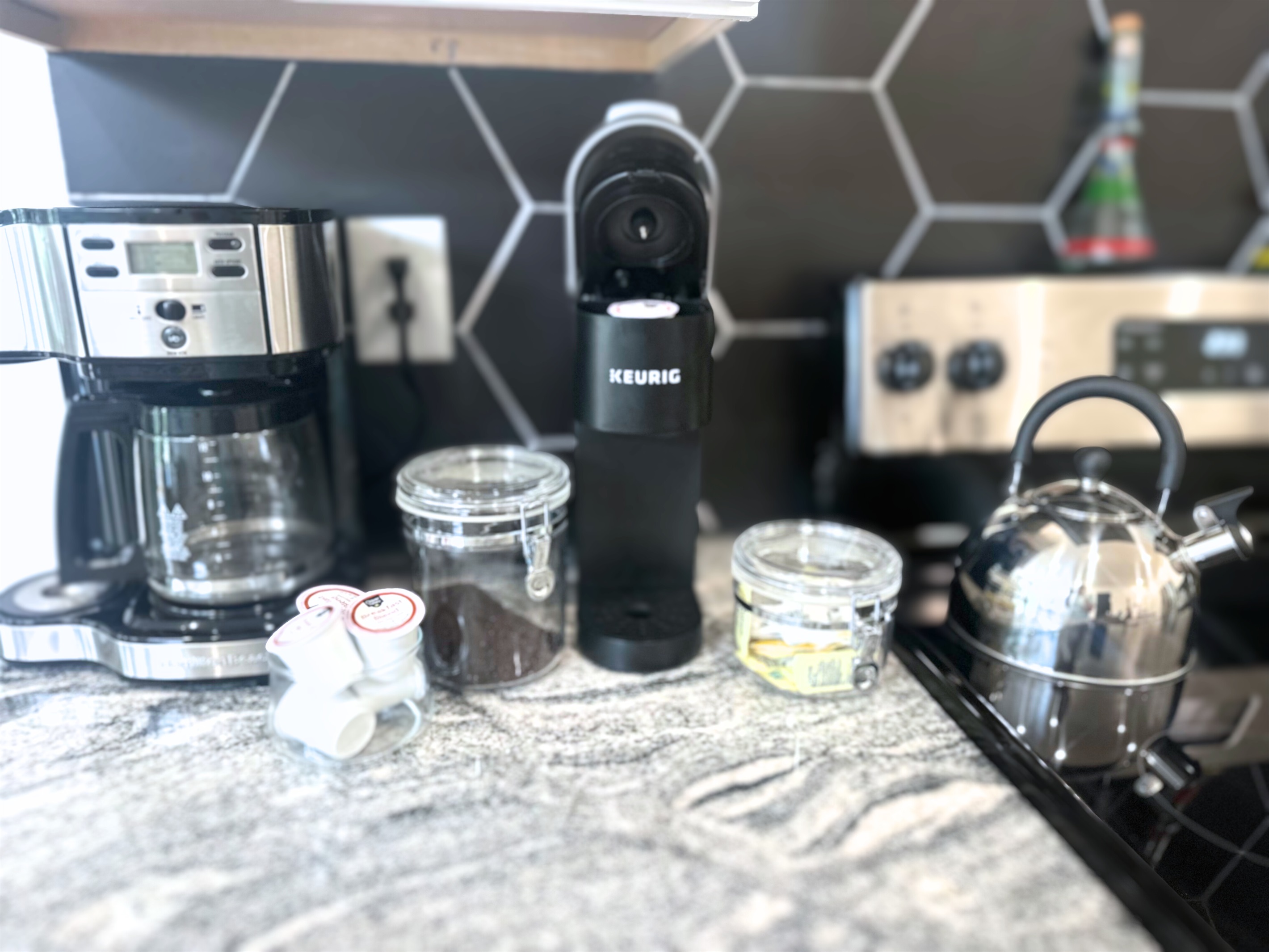Need a cup of coffee or hot tea before heading out? We've got you! Drip coffee, Keurig, and a tea kettle. We have coffee, pods and tea bags ready for you. 