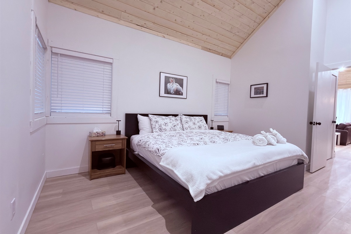 Primary bedroom with comfortable KING size bed and peaceful setting