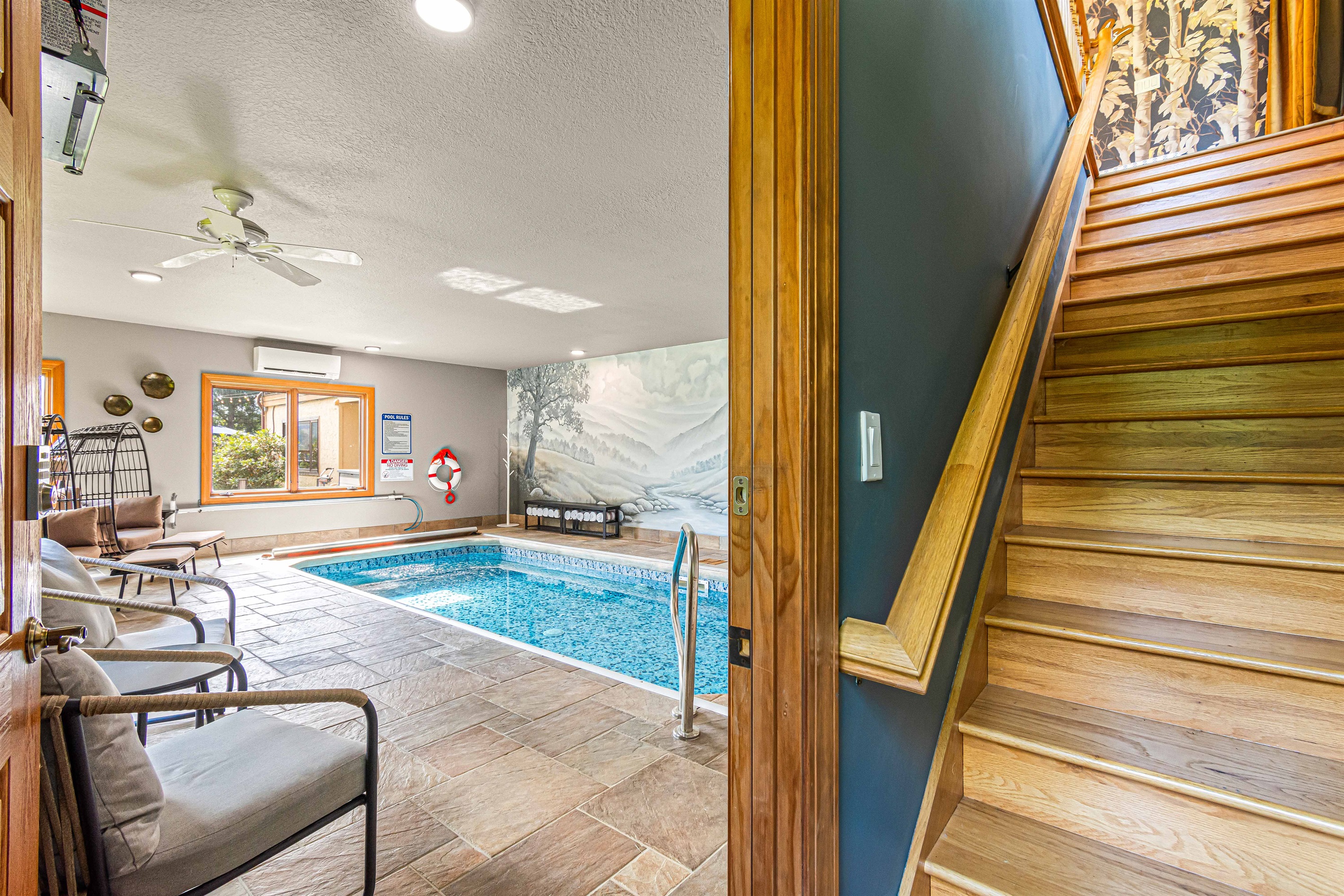 Step downstairs into your own private indoor pool oasis—perfect for a morning swim, an afternoon splash with the kids, or a peaceful float at the end of the day.💦🌿