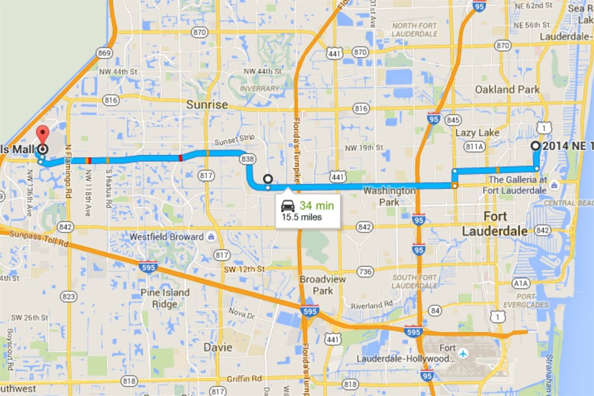 15.5 miles (25 km) to Sawgrass Mills Mall